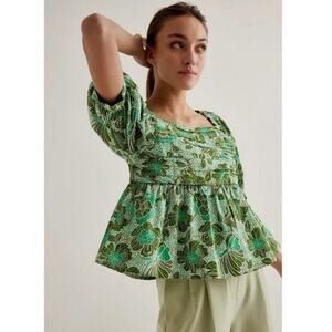 Anthropologie Nikasha Babydoll Square Neck Poplin Floral Green Blouse Size Large